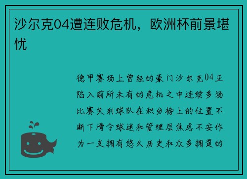 沙尔克04遭连败危机，欧洲杯前景堪忧